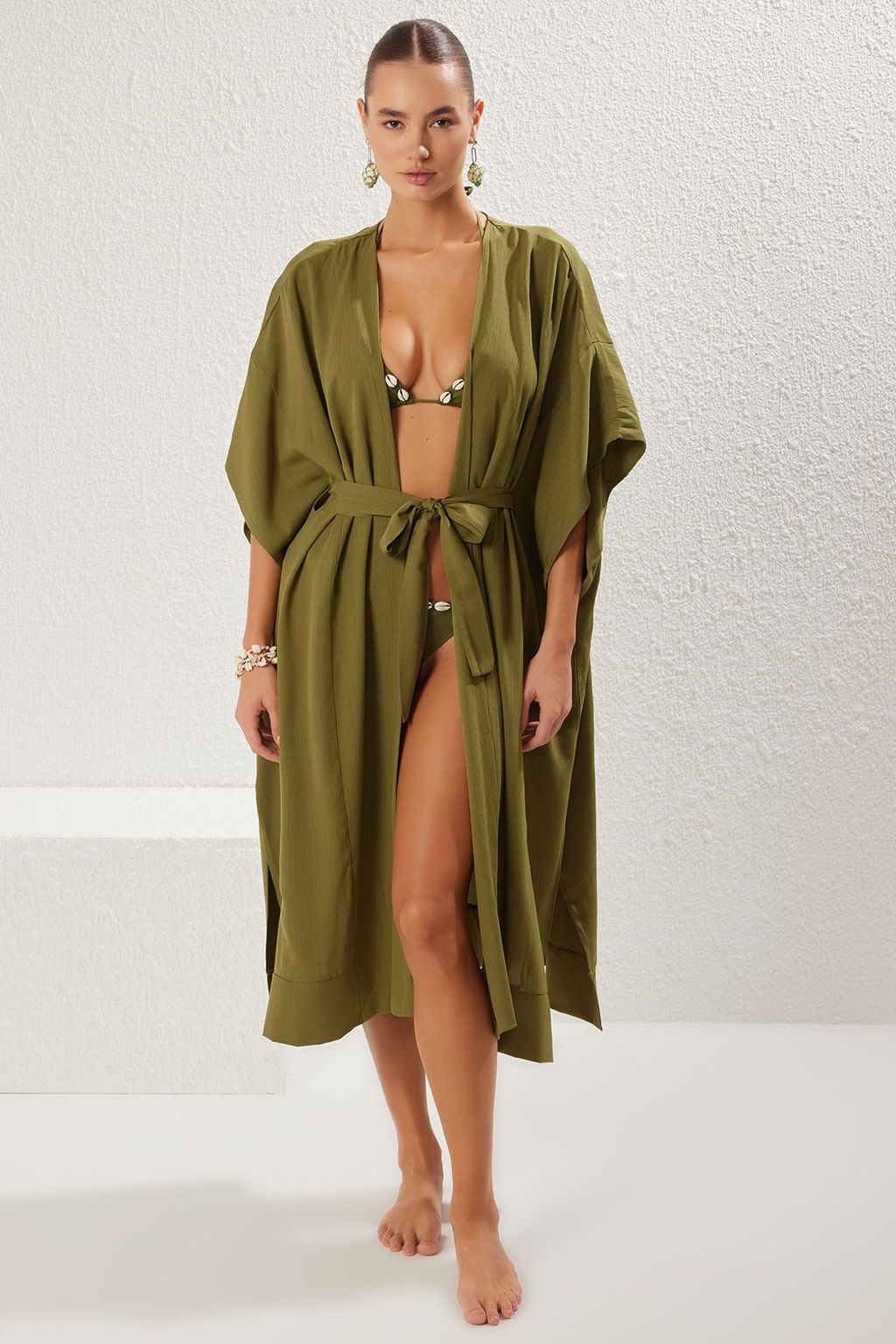 Haki Maxi Dokuma Kusakl? Derin Y?rtmacl? Plaj Kimono&Kaftan TBESS25KM00003 - Trendyolmilla фото 2