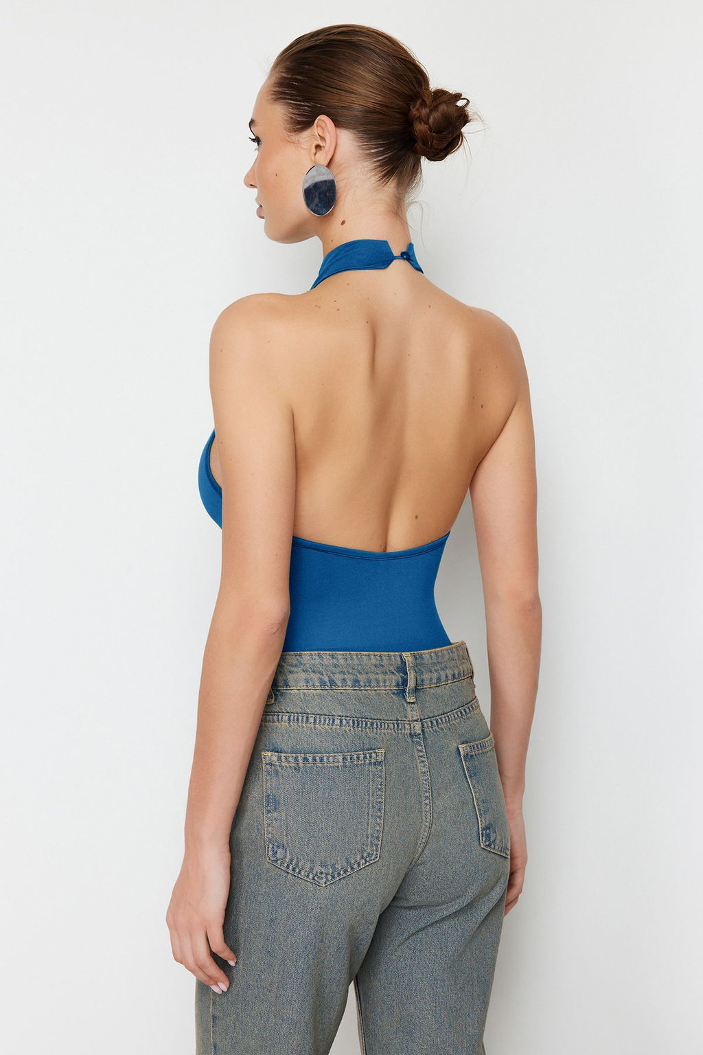 Indigo Dik Yaka S?rt Dekolteli Esnek C?tc?tl? Orme Body TWOSS23BD00037