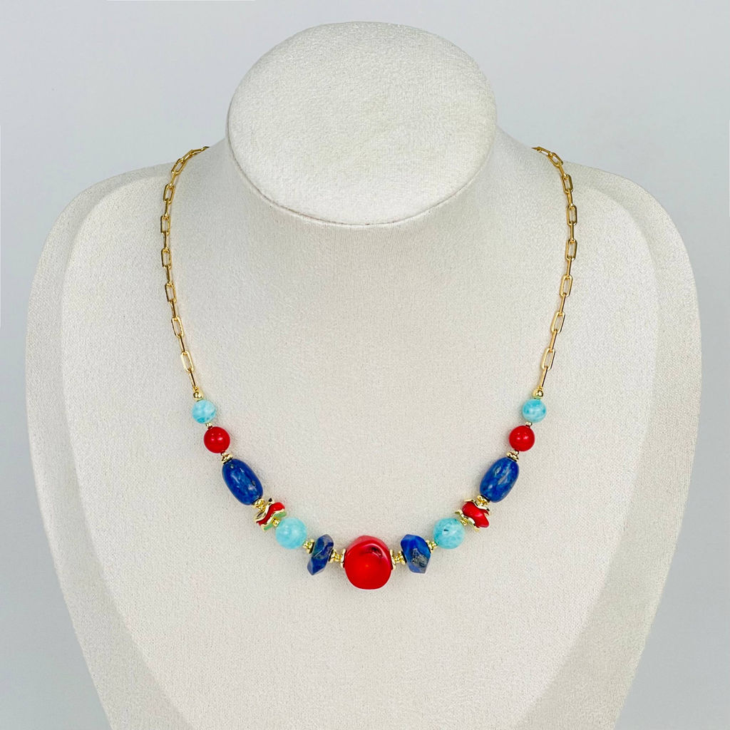 Колье из Коралла, Лазурита и Амазонита 40 см +