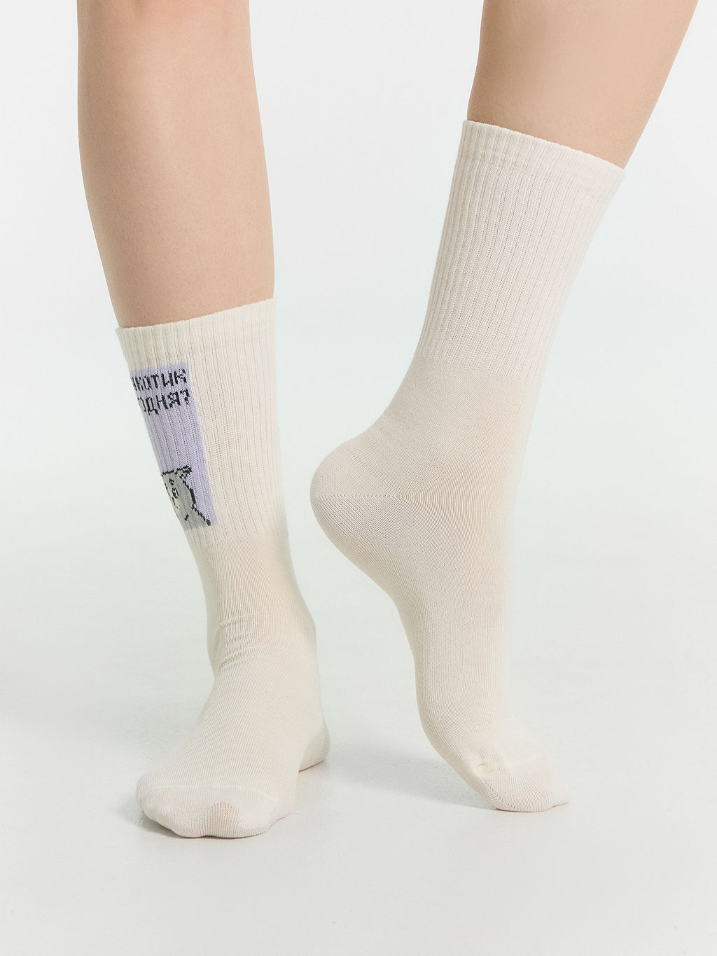 Цена за 5 пар! Носки женские кремовые с надписью "Какой ты кот сегодня?" молочный 217K-2866