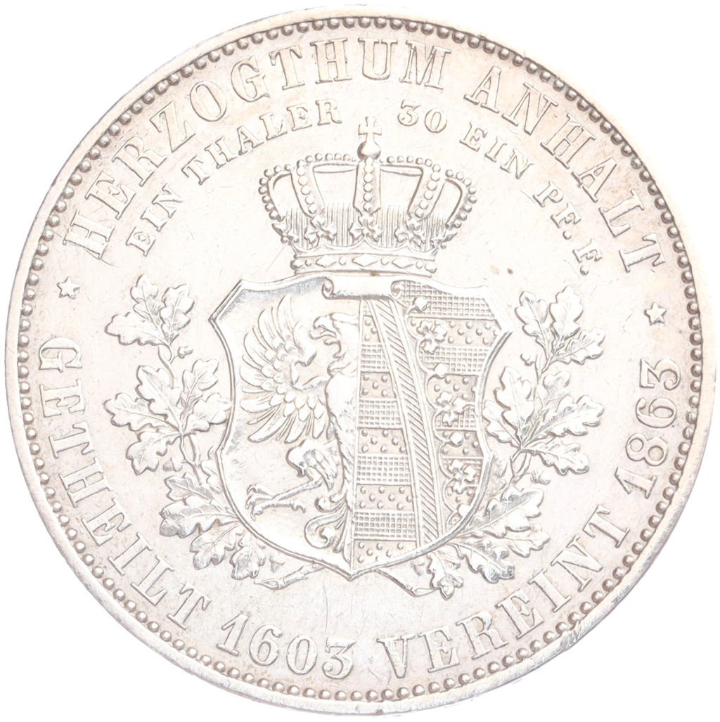 1 союзный талер 1863 года A Ангальт-Дессау Воссоединение герцогств Ангальт