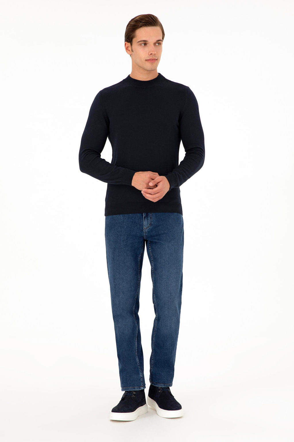 Erkek Slim Fit _eyrek Bal_k__ Yaka Lacivert Basic Triko Kazak