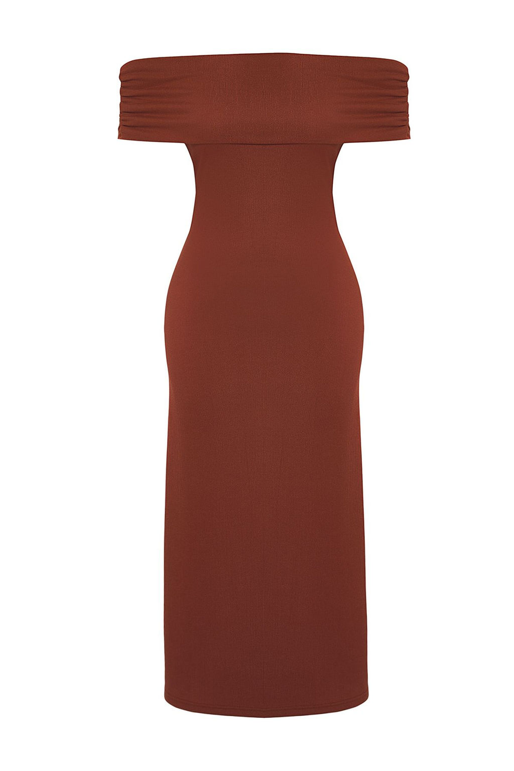 TRENDYOLMILLA Kiremit Duz Maxi Ottoman Esnek Carmen Yaka Vucuda Oturan Orme Elbise TWOSS25EL00327  фото 13