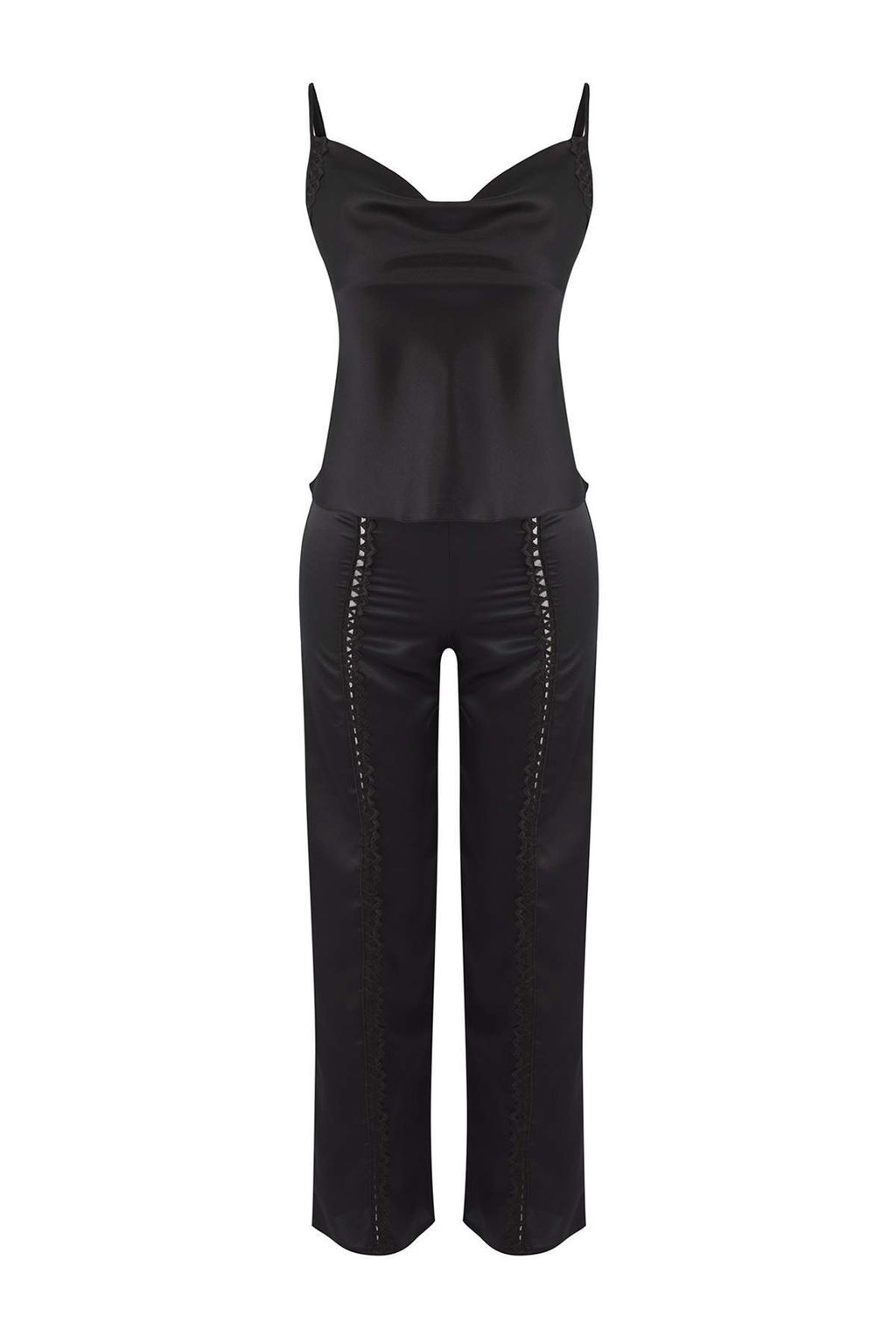 Siyah Dantel Detayl? Saten Dokuma Pijama Tak?m? THMAW26PT00078