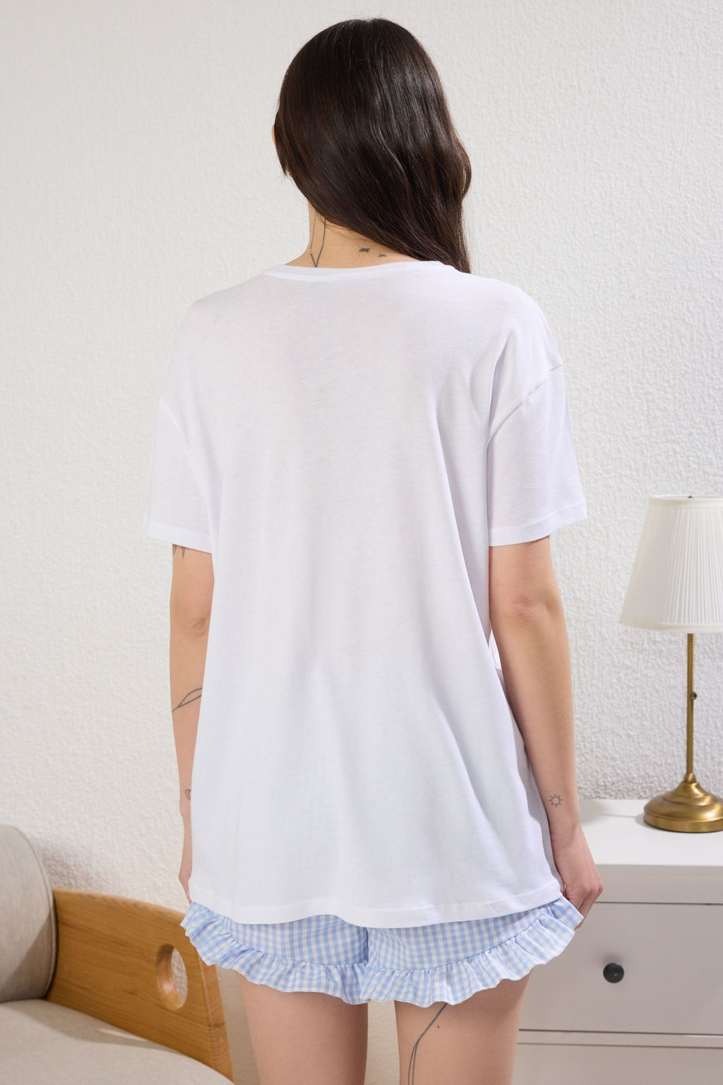 Trendyolmilla Beyaz %100 Pamuklu Potikareli Kedi Bask?l? F?rf?rl? Sortlu Orme Pijama Tak?m? THMSS25PT00263 фото 4