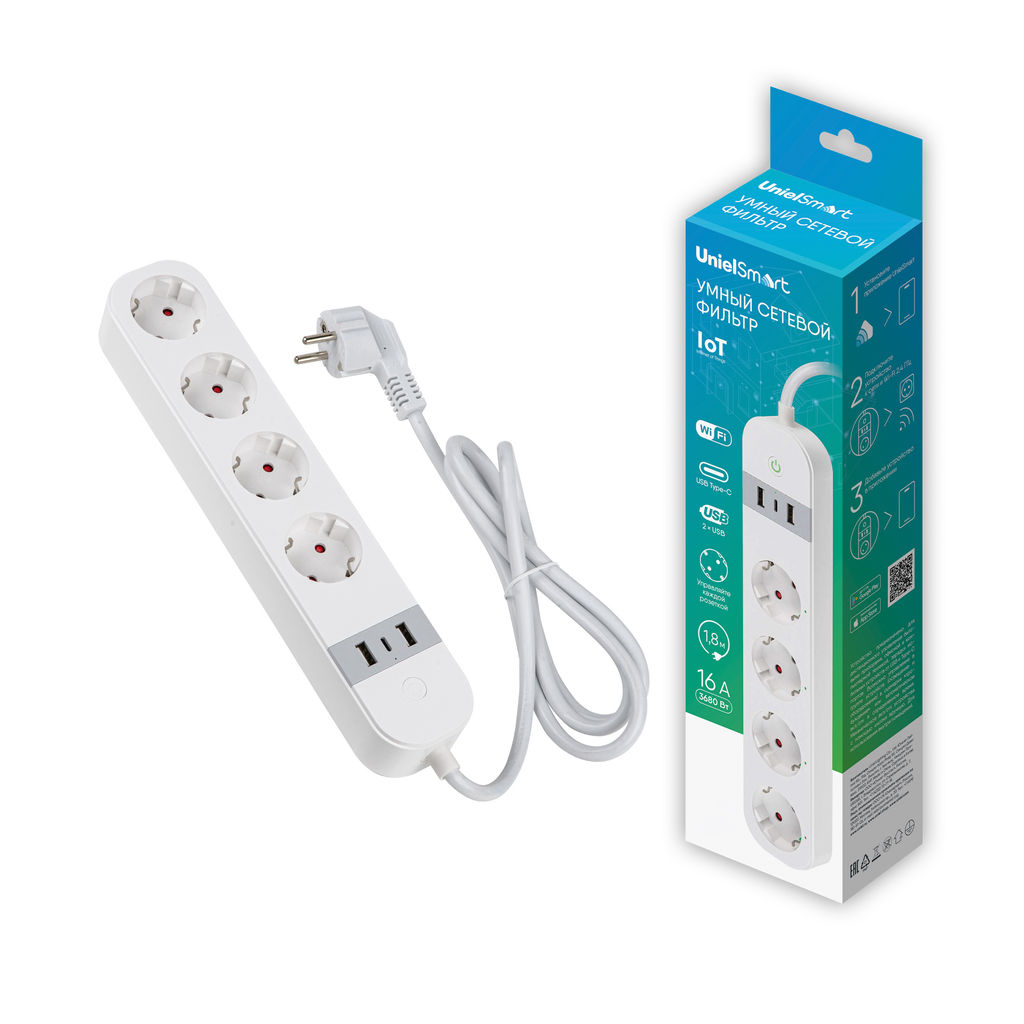 P-GCL4-1,8 A201/UC/WF WHITE Умный сетевой фильтр Wi-Fi, 1.8м (Пвс 3х1,5), 4 гнезда, с/з, 2USB+Type-C (5В, 3A). 16A. До 3680Вт. Голосовое управление+приложение UnielSmart. TM Uniel