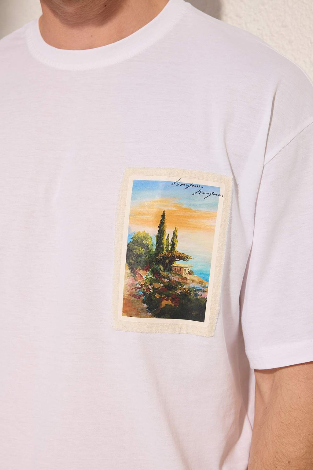 Trendyolmilla Man Beyaz Oversize/Genis Kesim Bisiklet Yaka Aplike Manzara Bask?l? T-Shirt TMNSS25TS00220  фото 3