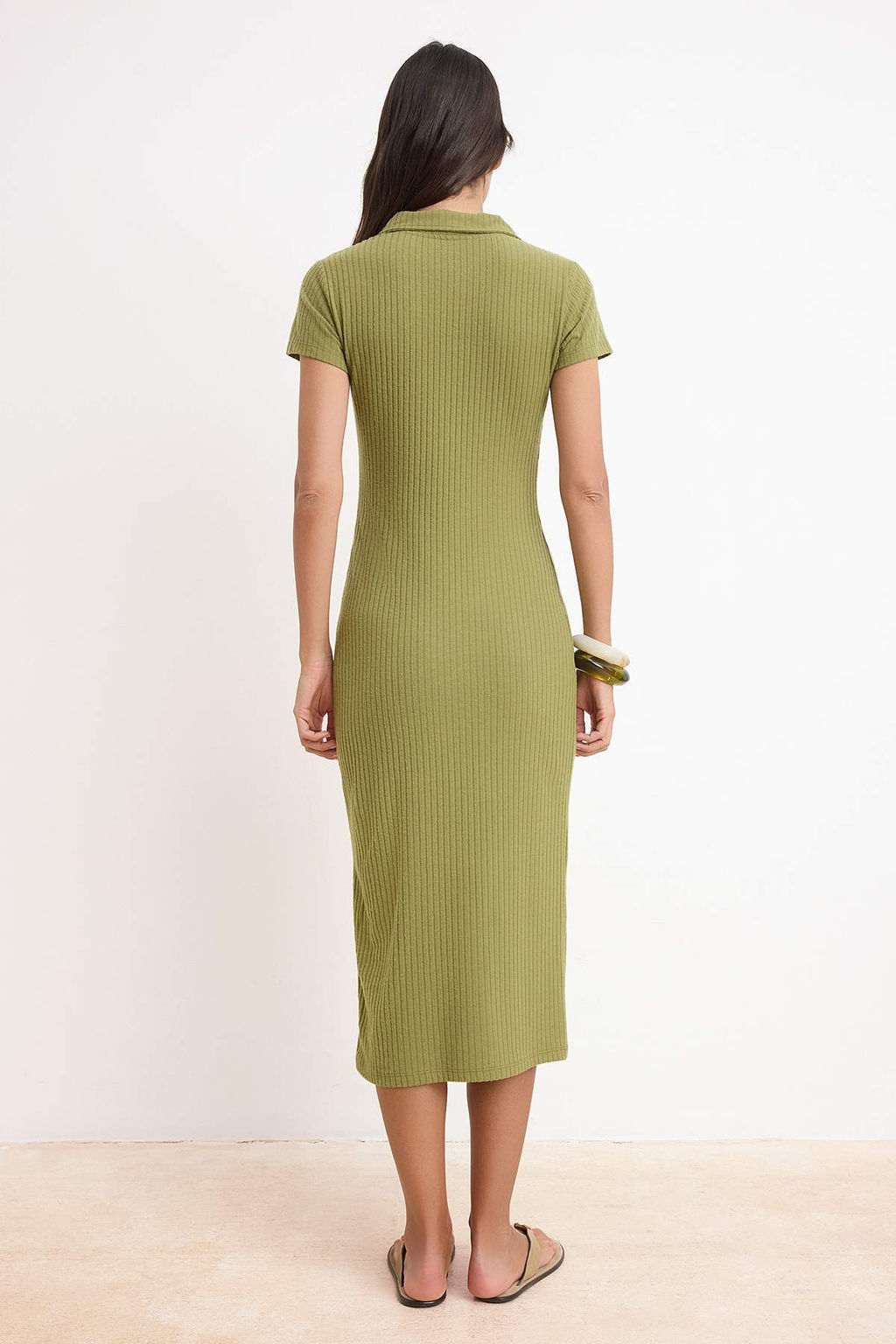 Yag Yesili Fitted/Vucuda Oturan Polo Yaka K?sa Kollu Midi Fitilli Esnek Orme Elbise TWOSS26EL00098 - Trendyolmilla фото 4