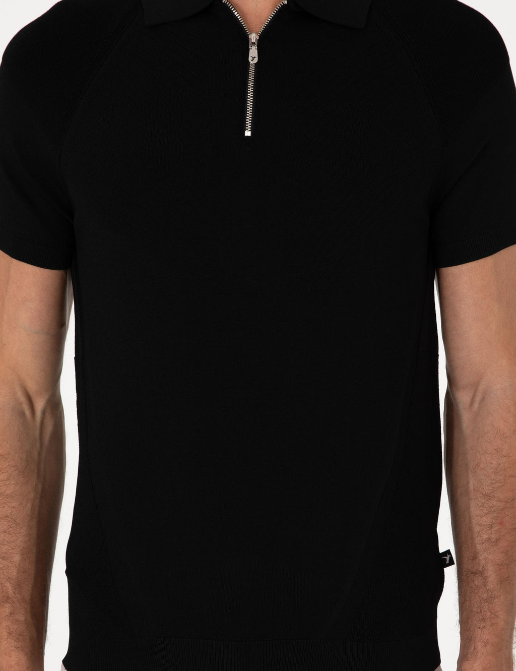 Siyah Slim Fit Fermuarl_ Polo Yaka Triko T-shirt