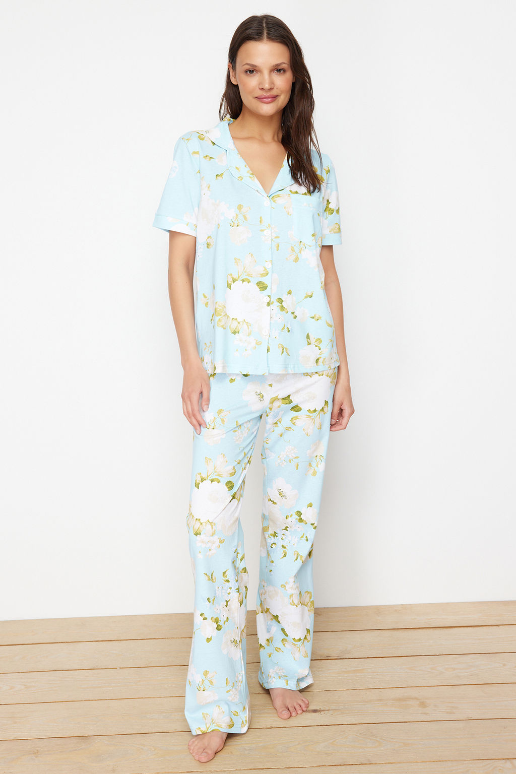 Trendyolmilla Mavi %100 Pamuklu Cicek Desenli Orme Pijama Tak?m? THMSS20PT0062  фото 3