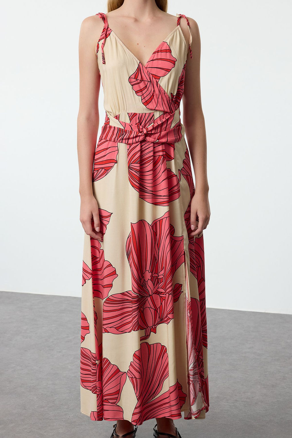 TRENDYOLMILLA Camel Leopar Desenli Kruvaze Y?rtmac Detayl? Maxi Dokuma Elbise TWOSS23EL01892  фото 9