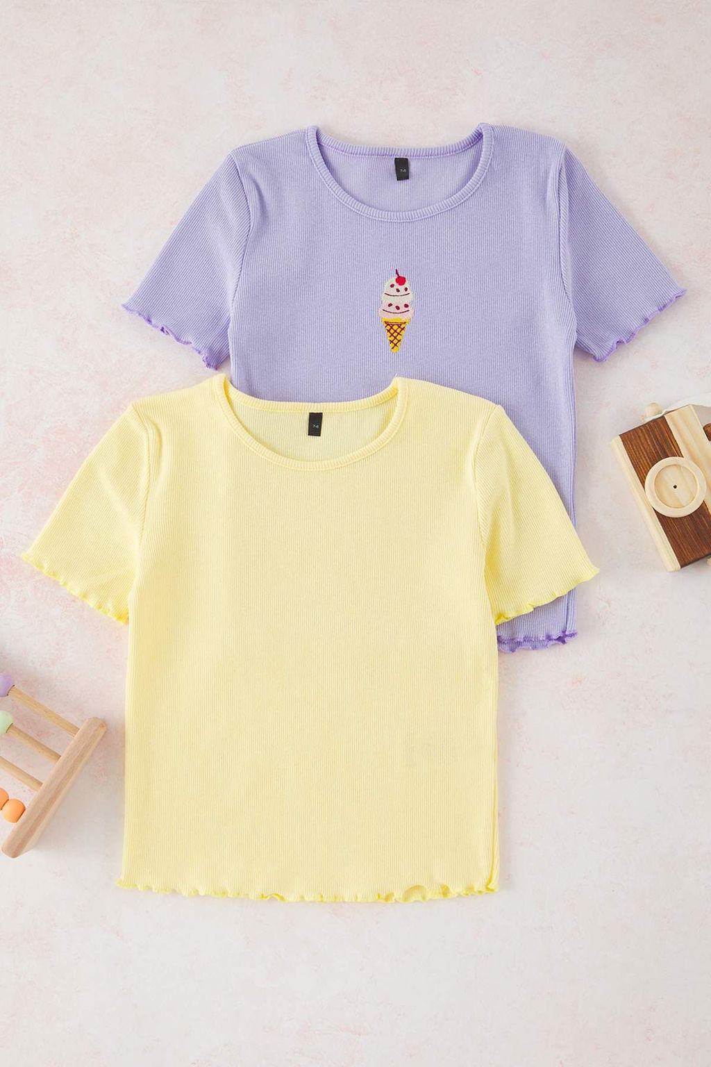 Ekru-Pembe 2li K?z Cocuk Pamuklu Crop K?sa Kol Orme T-Shirt TKDSS25TS00027