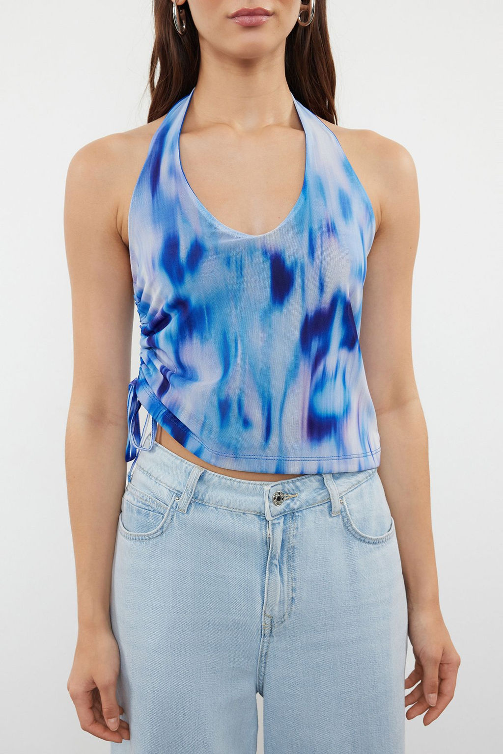 Trendyolmilla Pembe Soyut Desenli Boyundan Baglamal? Buzgu/Drape Detayl? Vucuda Oturan Orme Bluz TWOSS24BZ00630