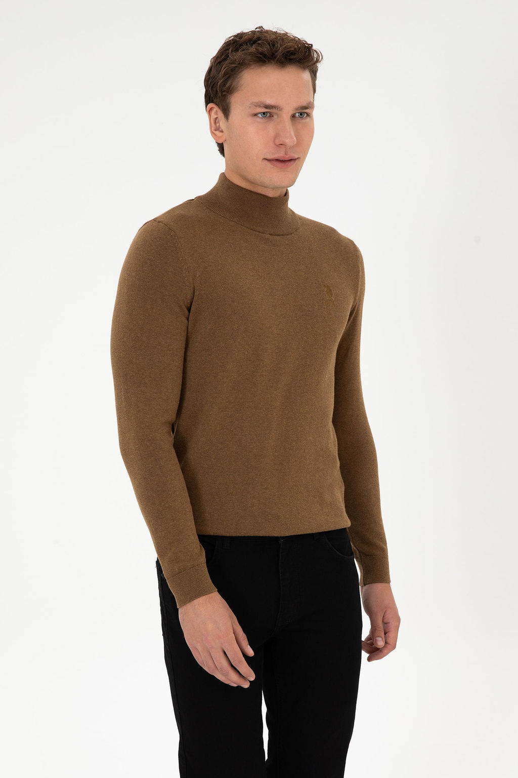 Erkek Slim Fit Yar_m Bal_k__ Yaka Haki Melanj Basic Kazak - U.s. polo assn фото 3
