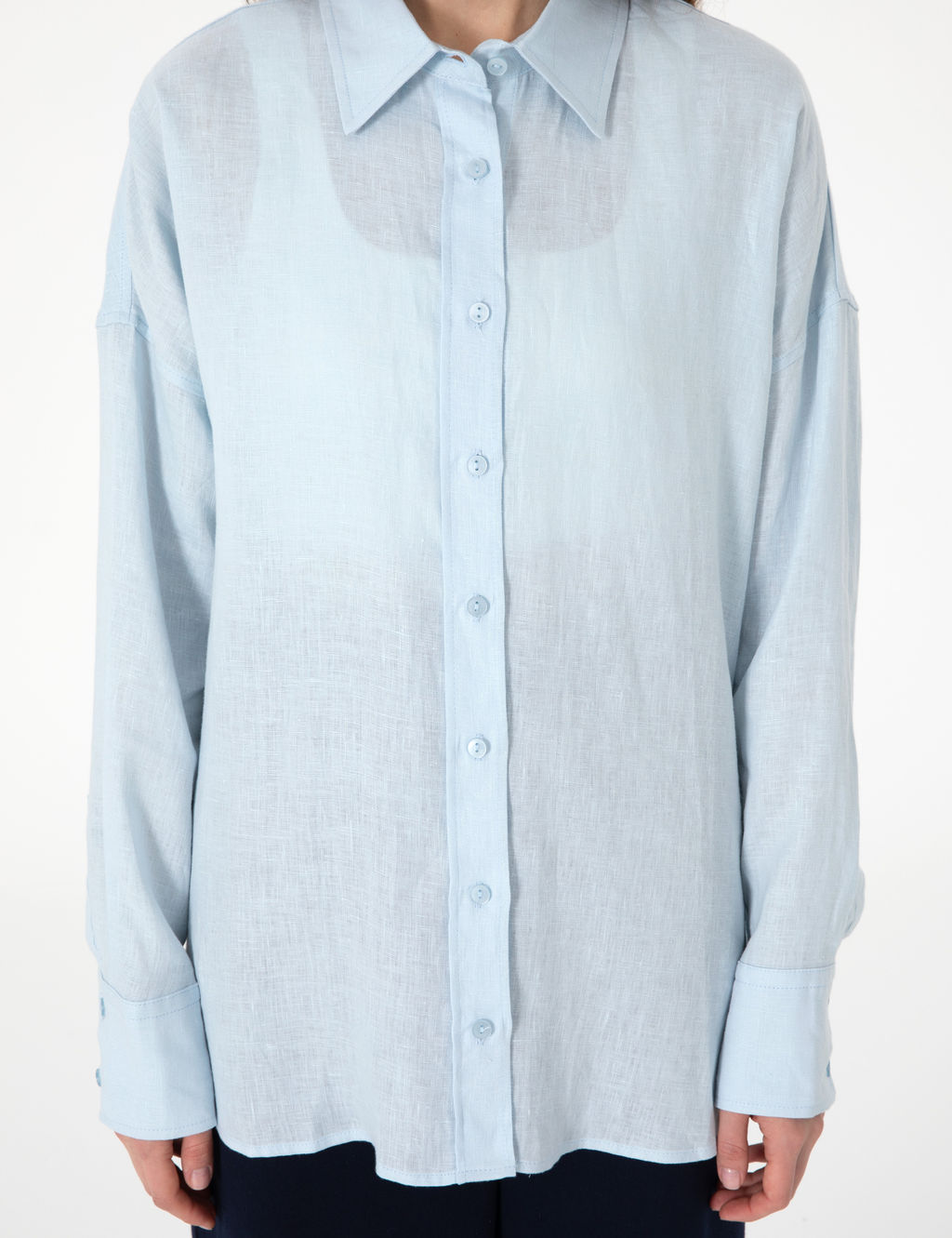 A__k Mavi Oversize Uzun Kollu %100 Keten G_mlek