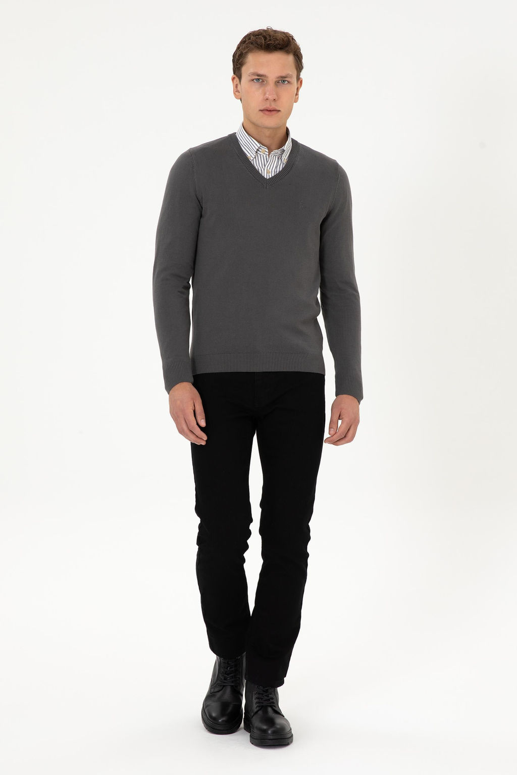 Erkek Slim Fit V Yaka Gri Basic Triko Kazak - U.s. polo assn фото 4