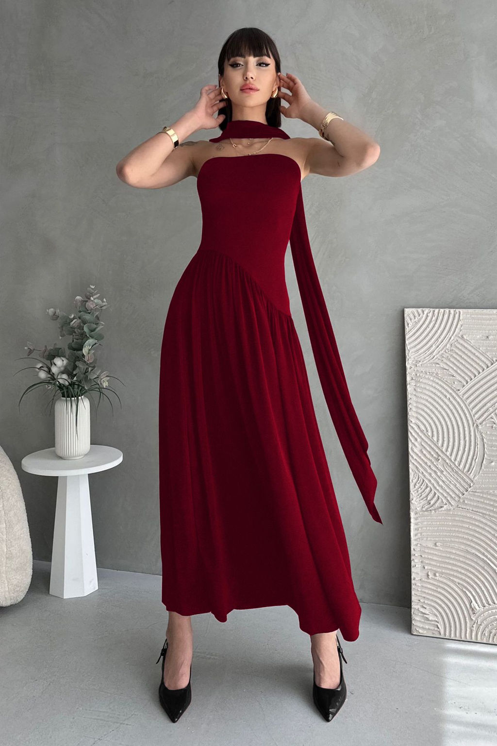 Bordo A Kesim Sal Detayl? Straplez Maxi S?k Abiye Gece Mezuniyet Elbisesi TPRSS25EL00317 - Trendyolmilla фото 5