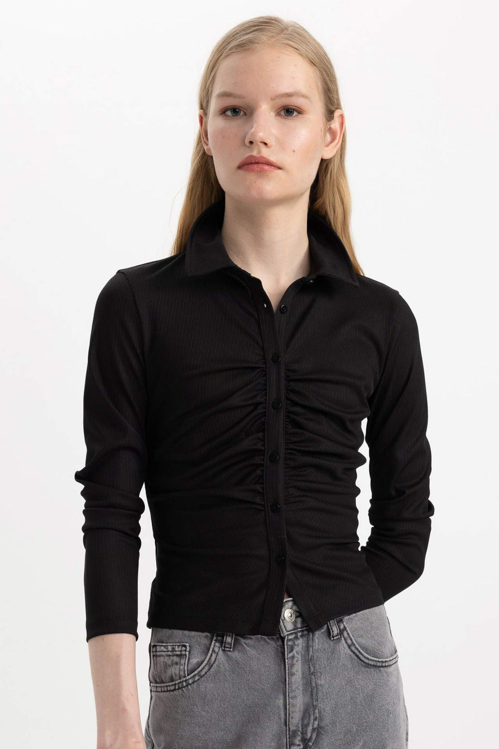 Slim Fit Dar Kesim Polo Yaka Basic Duz Fitilli Kaskorse Uzun Kollu Tisort - Defacto фото 2