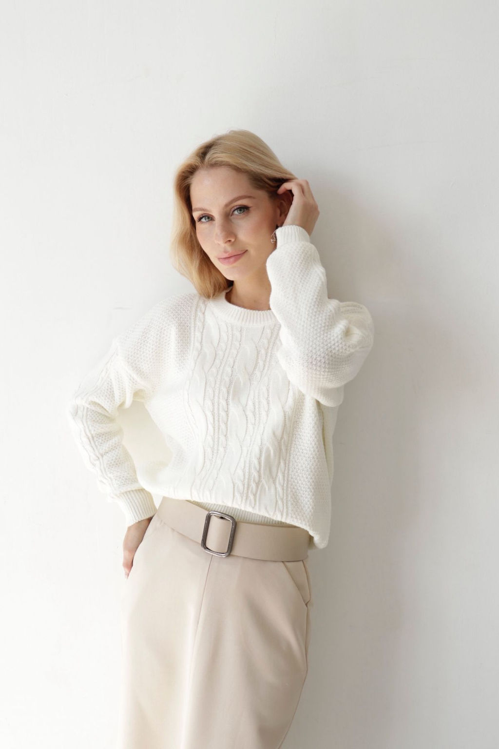 Белый джемпер с косами из хлопка и шерсти мериноса - Martichelli фото 6