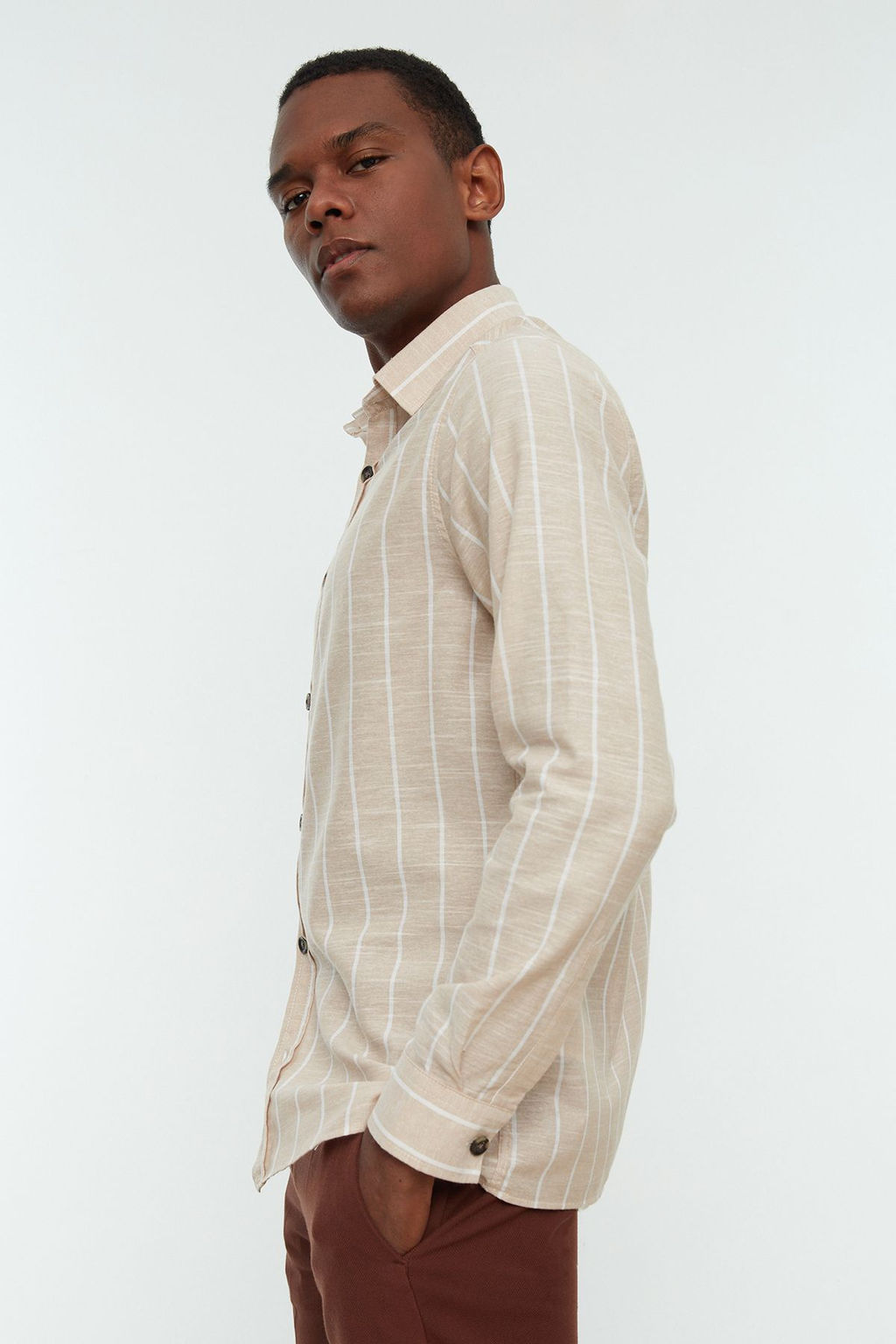 TRENDYOL MAN Bej Regular Fit Gomlek Yaka Cizgili Gomlek TMNSS22GO0032 - Trendyolmilla фото 3