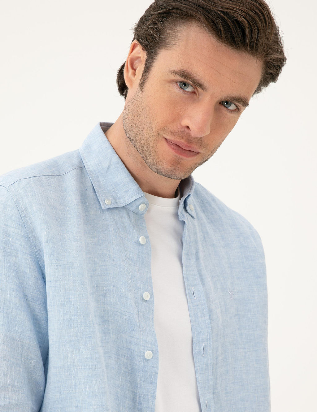 Синяя льняная рубашка классического кроя - Cacharel фото 2
