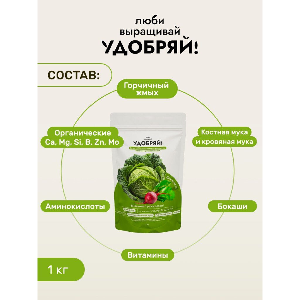 Удобряй!Сухое органическое удобрение весеннее универсальное 1кг