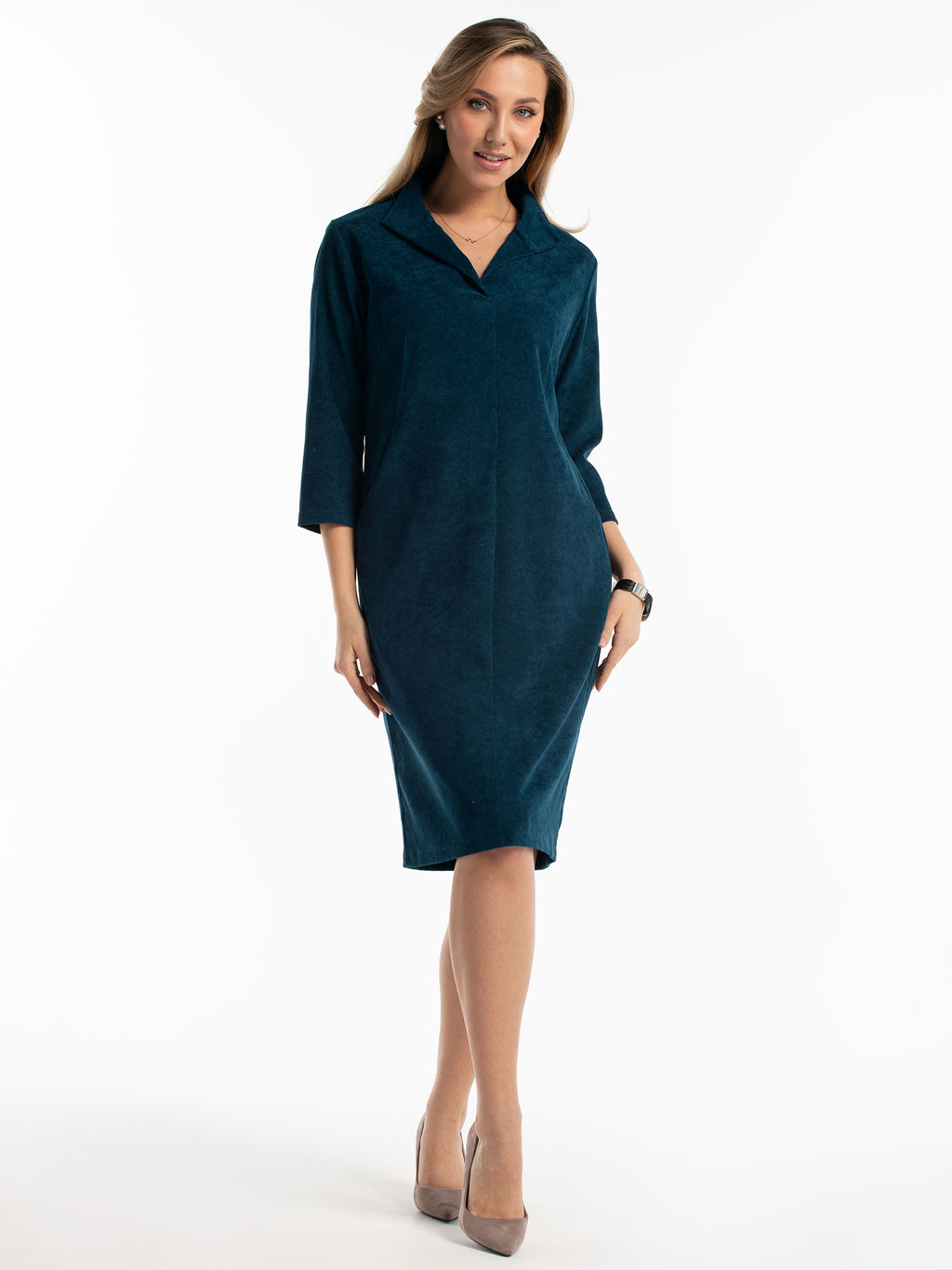 Платье вельветовое с воротником и карманами морская волна - Odis фото 3