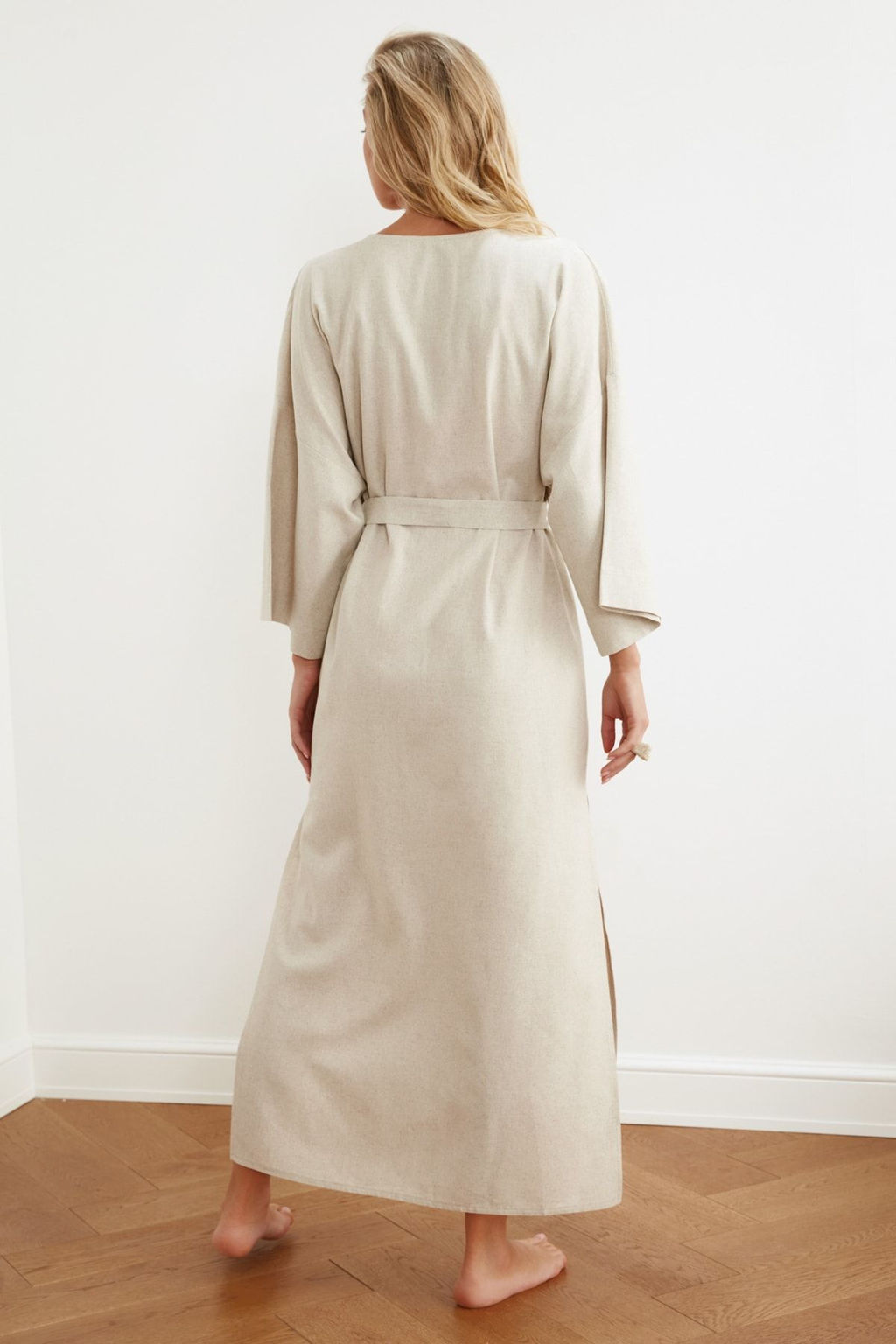 Bej Kusakl? Maxi Dokuma Nak?sl? Keten Kar?s?ml? Plaj Kimono&Kaftan TBESS20KM0051 - Trendyolmilla фото 6