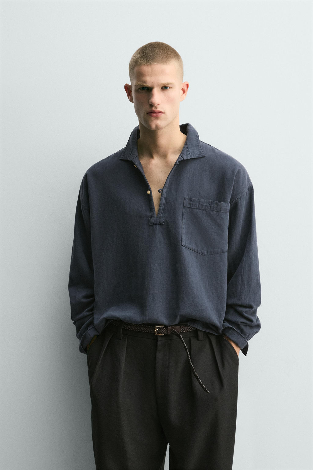 CAMISA POLO RELAXED FIT ALGOD?N - LINO / Petr?leo - Zara фото 2