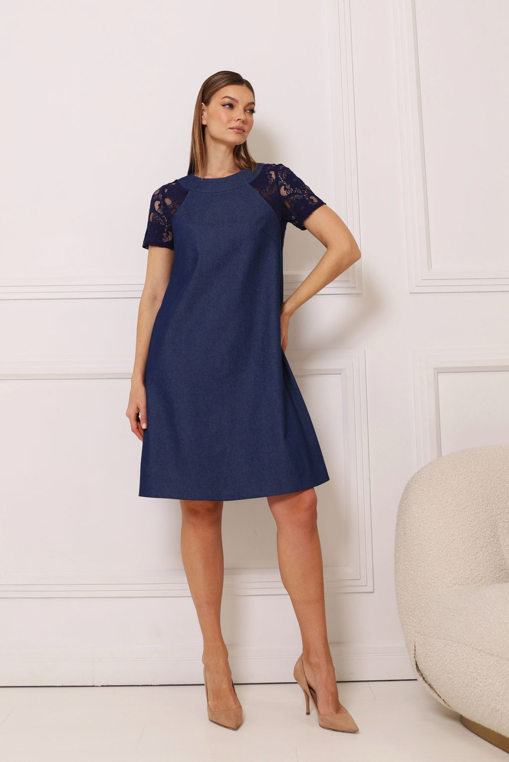 Джинсовое платье с рукавами из кружева - Looklikecat фото 4