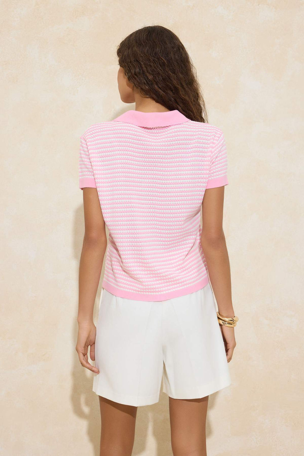 Pembe Polo Yaka Cizgili Triko Orta Bluz TWOSS25BZ00183