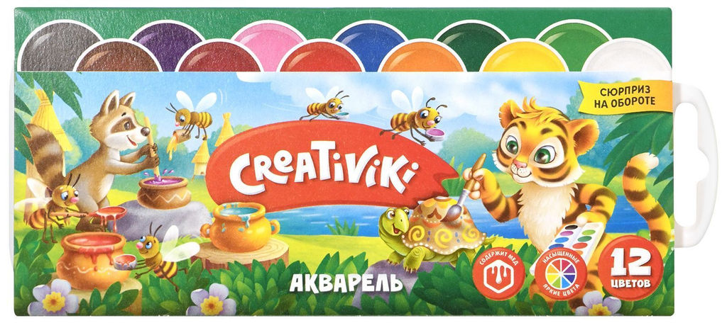 Цена за 2 шт. Акварель Creativiki 12 цветов, без кисти, картонная упаковка с коррексной подложкой с евро...