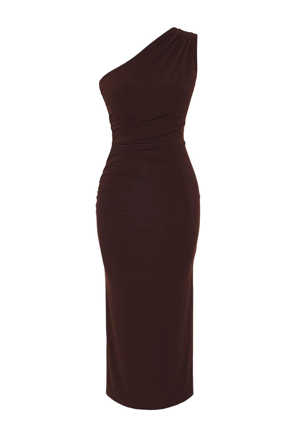 Kahverengi Tek Omuzlu Drapeli Fitted/Vucuda Oturan Esnek Orme Midi Kalem Elbise TWOSS24EL00100