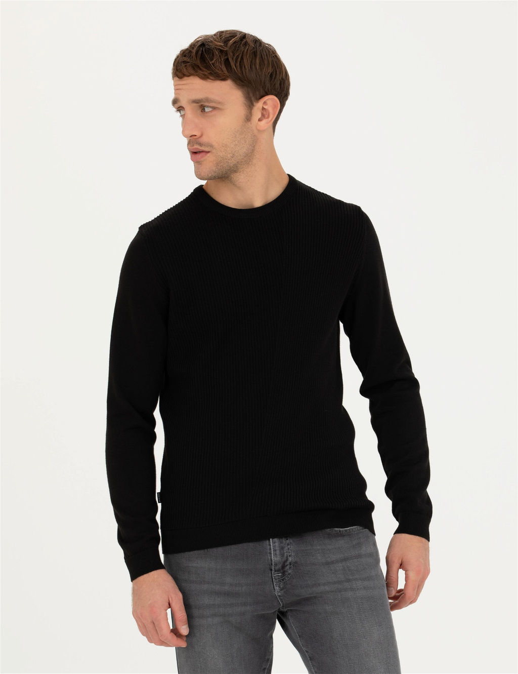 Siyah Slim Fit Bisiklet Yaka Triko Kazak