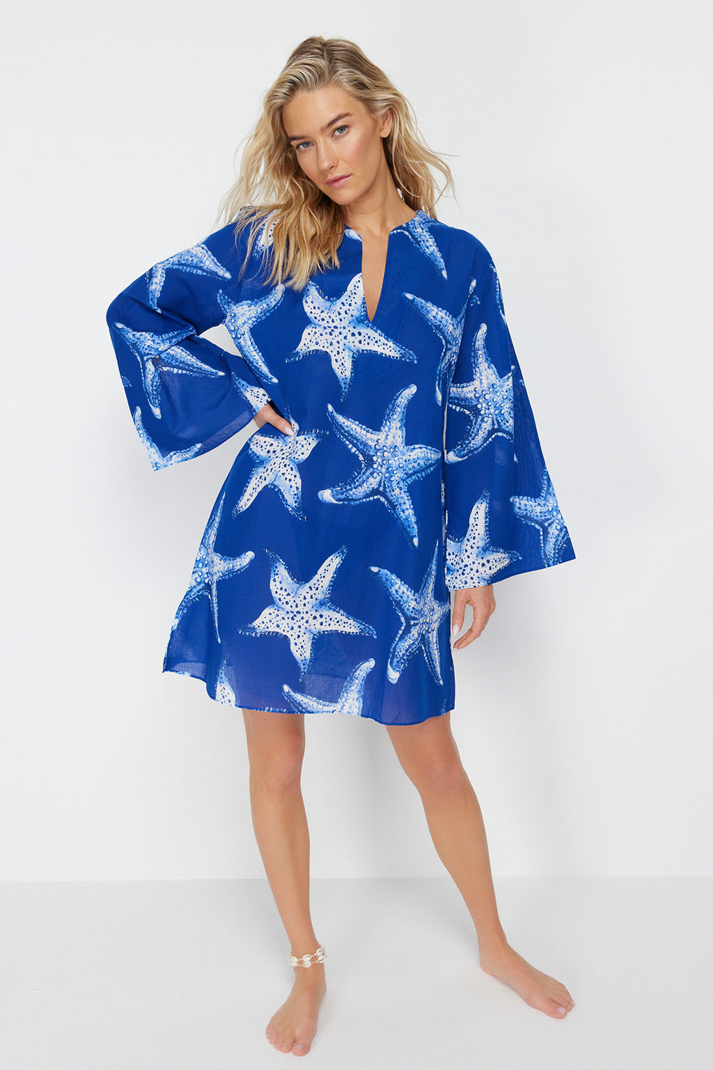 TRENDYOLMILLA Su Alt? Desenli Genis Kal?p Maxi Dokuma %100 Pamuklu Plaj Elbisesi TBESS24EL00035  фото 3