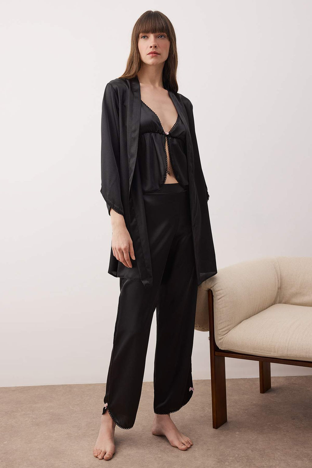 Siyah 4lu Ceyiz Set Saten Dokuma Gecelik+Sabahl?k+Pijama Tak?m? THMAW26PT00210 - Trendyolmilla фото 6