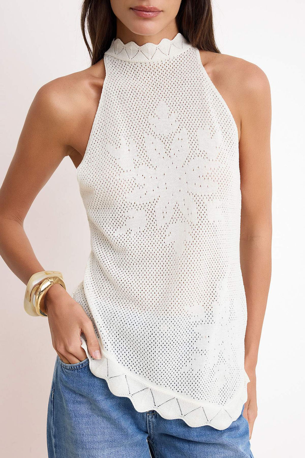 Ekru Ajurlu Halter Yaka Triko Ince Bluz TWOSS26BZ00302 - Trendyolmilla фото 3