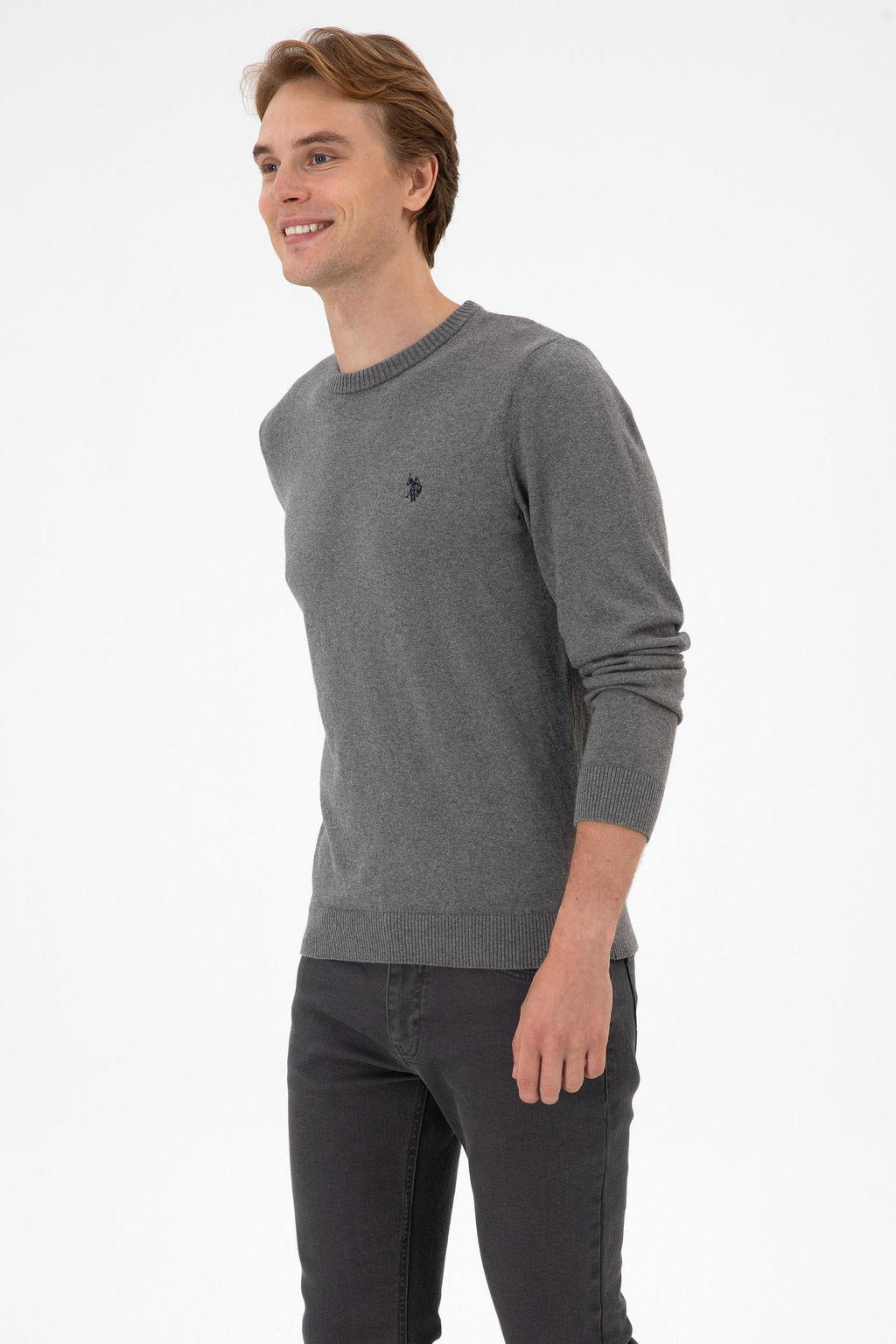 Erkek Slim Fit Bisiklet Yaka Gri Melanj Basic Kazak