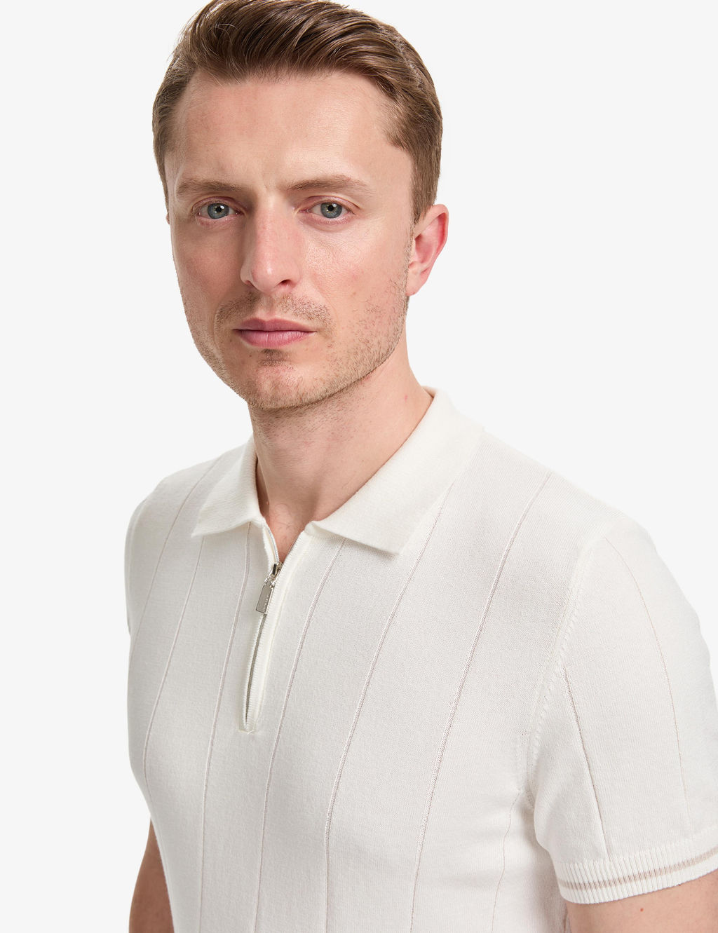 Ekru Slim Fit %100 Pamuk Fermuarl_ Polo Yaka Triko Ti__rt