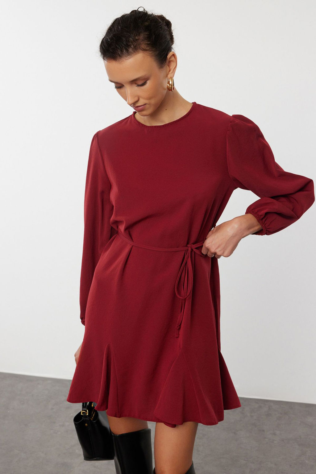 Bordo Kusakl? Duz Mini Dokuma Elbise TWOAW24EL00337