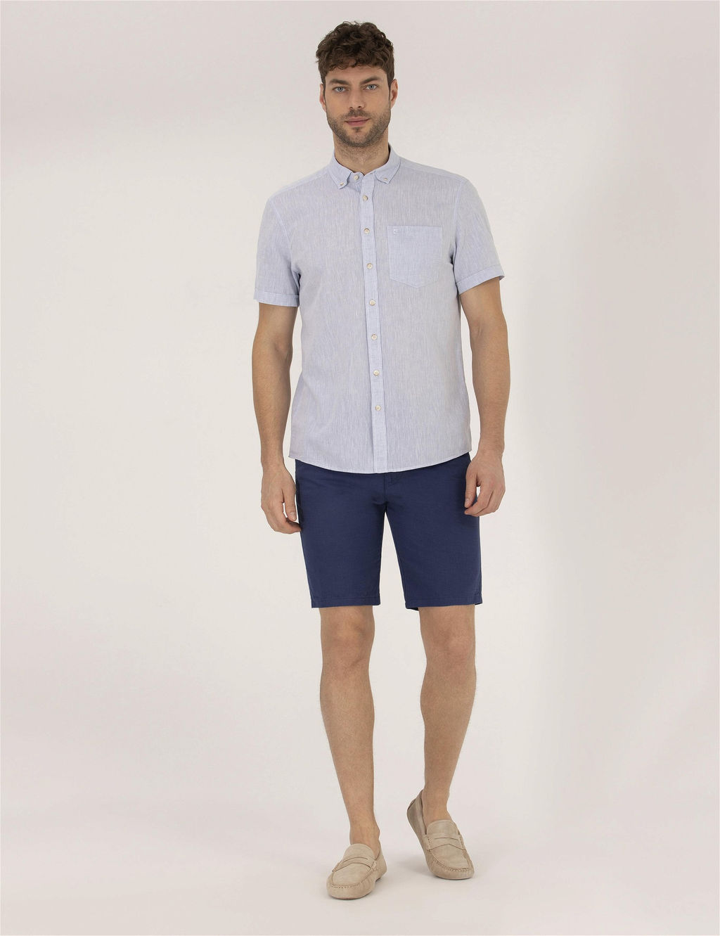 _ndigo Slim Fit Keten Kar___ml_ Bermuda _ort