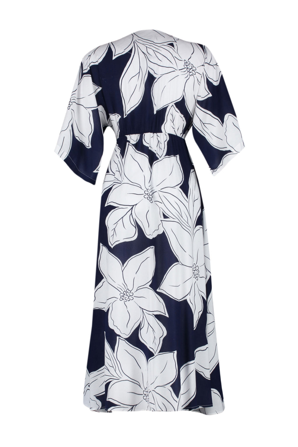 Lacivert Cicek Desenli A Kesim Kruvaze Yaka Midi Dokuma Elbise TWOSS24EL00913