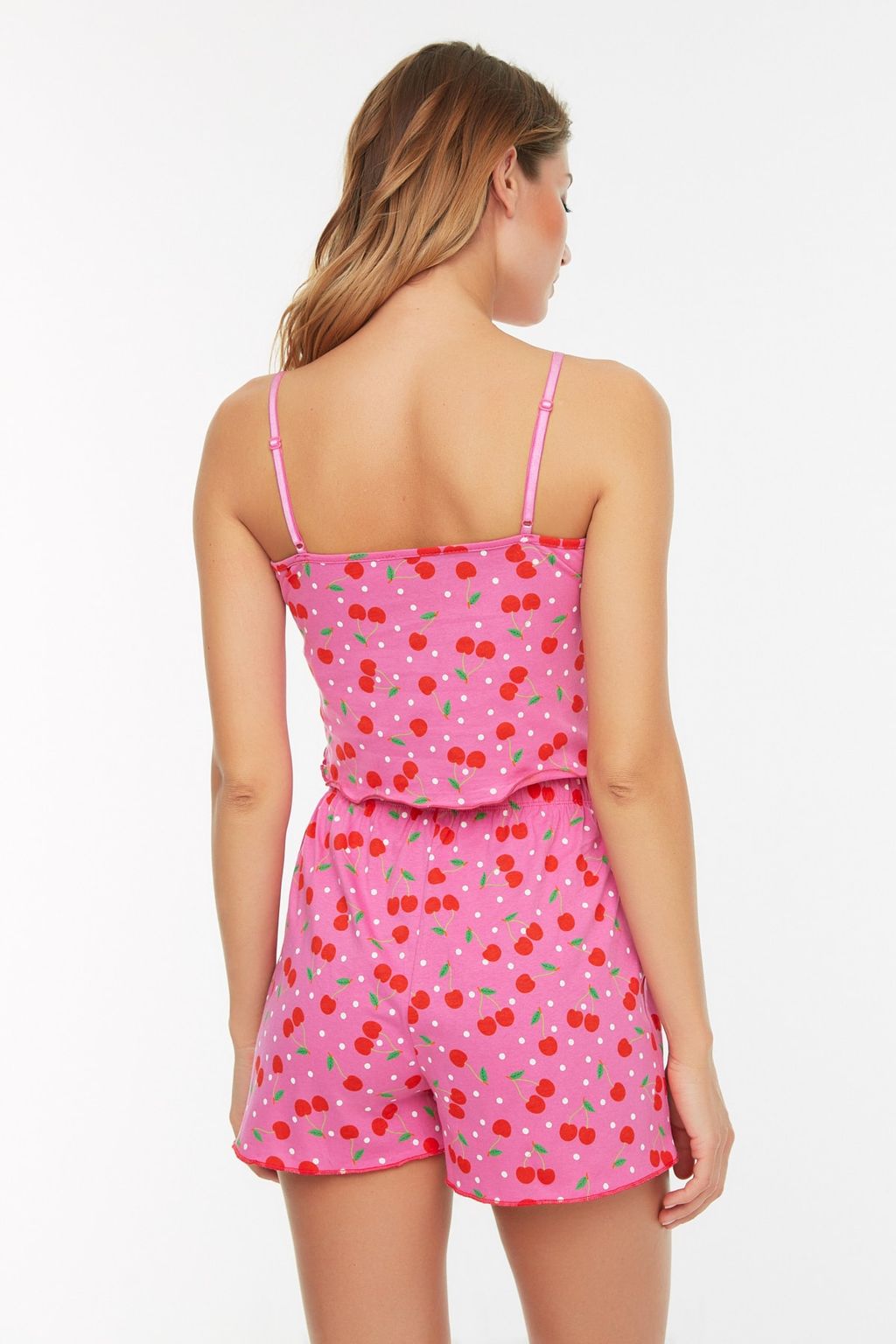 Trendyolmilla Pembe %100 Pamuklu Kiraz Desenli Ip Ask?l? Sortlu Orme Pijama Tak?m? THMSS22PT0649  фото 10