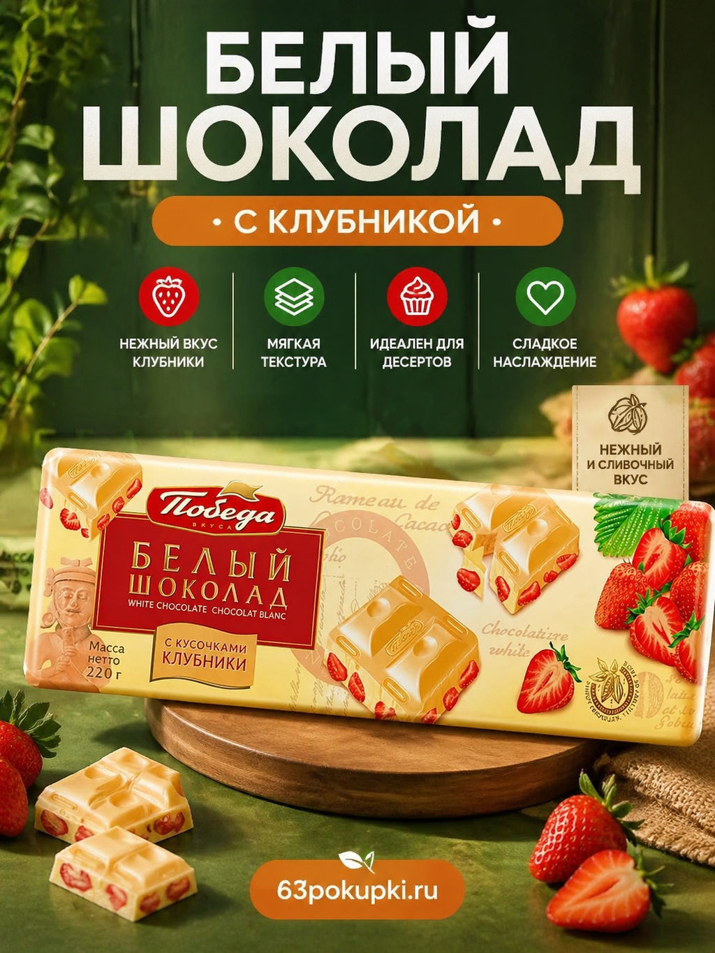 Шоколад Белый с клубникой, 250 г