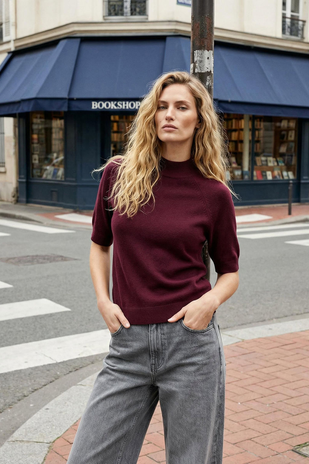 Bordo Merserize Gorunumlu Premium Iplik/Ozel Iplik Basic Ince Triko Bluz TWOAW24BZ00005