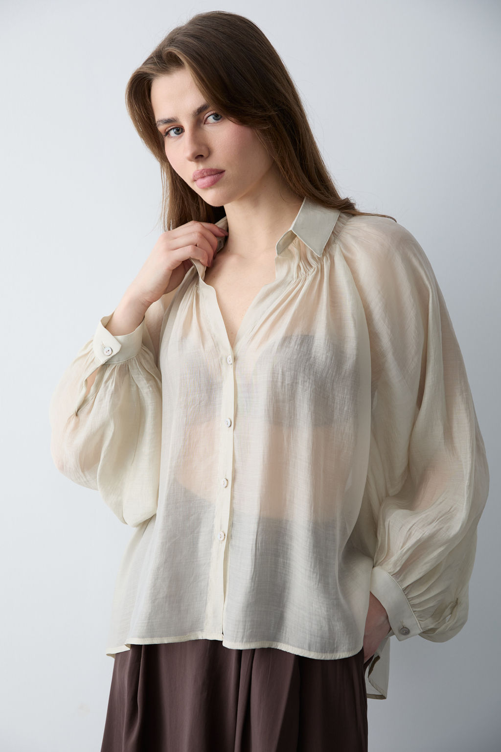 Kahverengi Ince Dokumlu Balon Kol Dokuma Gomlek TWOSS26GO00139 - Trendyolmilla фото 6