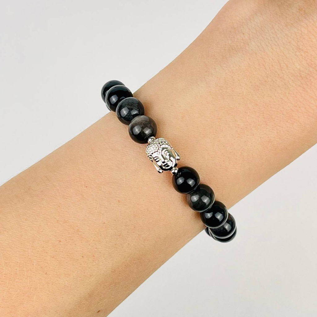 Браслет Будда из серебристого Обсидиана 17 см