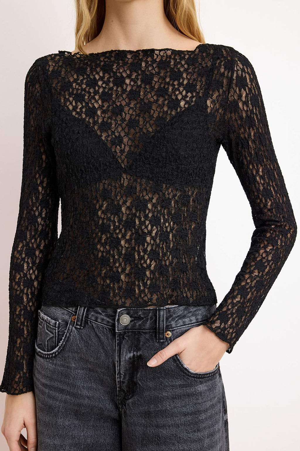 Siyah Fitted/Vucuda Oturan Uzun Kollu Dantel Orme Bluz TWOSS26BZ00441 - Trendyolmilla фото 3