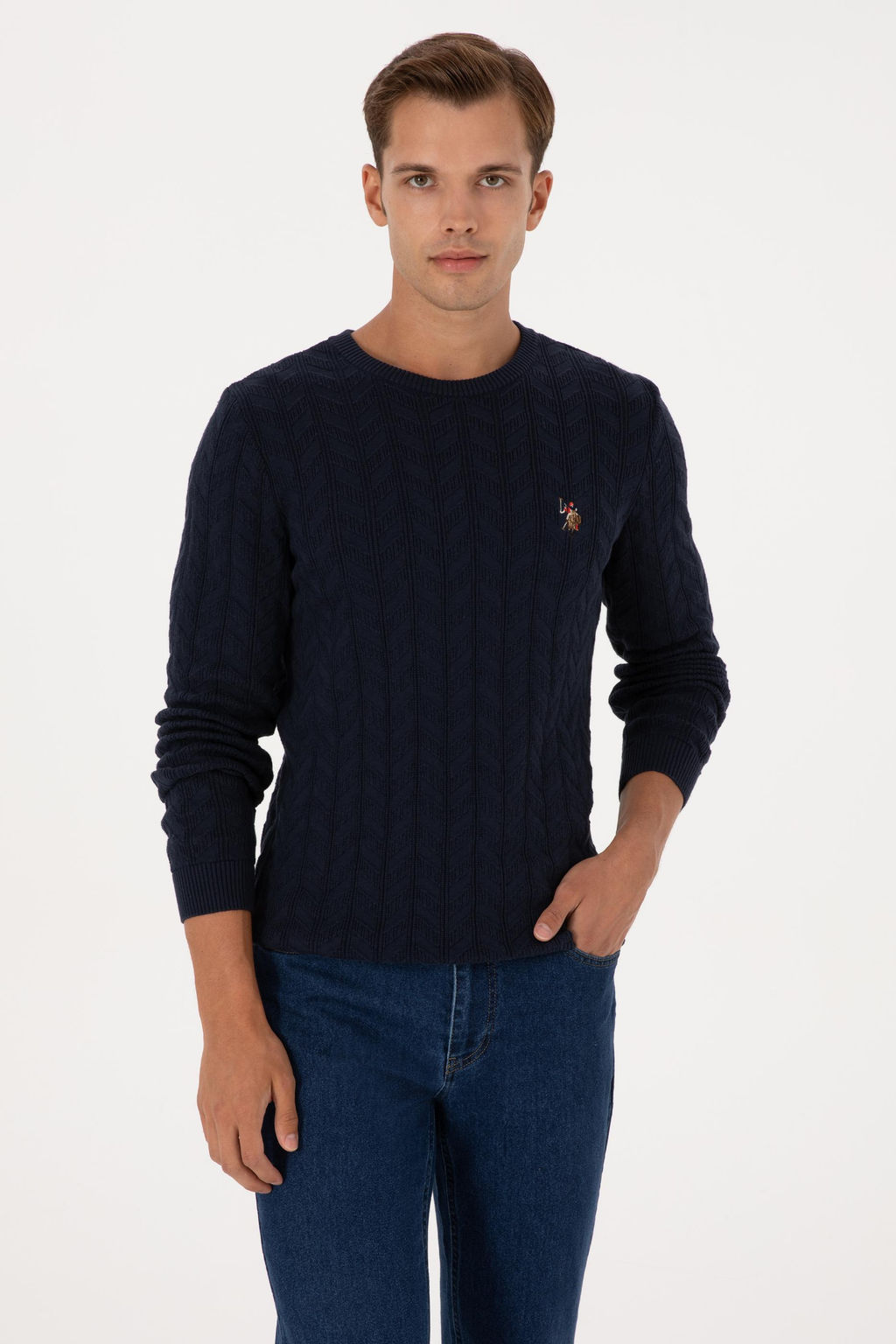 Erkek Slim Fit Bisiklet Yaka Desenli Lacivert Kazak - U.s. polo assn фото 3