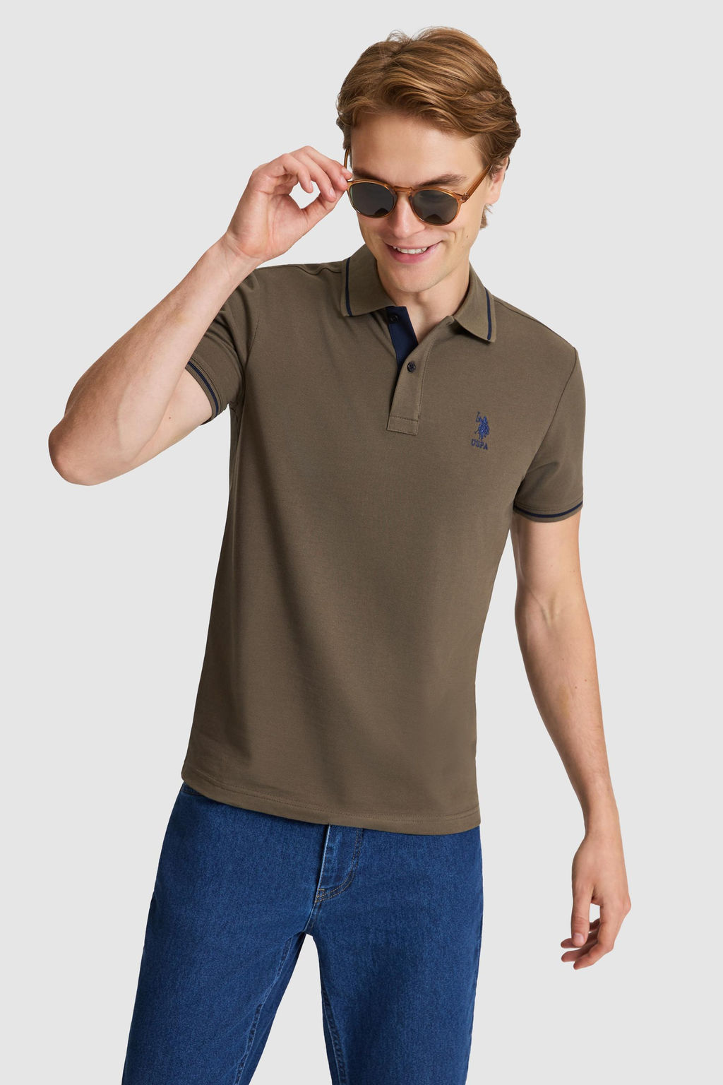 Erkek Koyu Haki Slim Fit Polo Yaka Basic Ti__rt